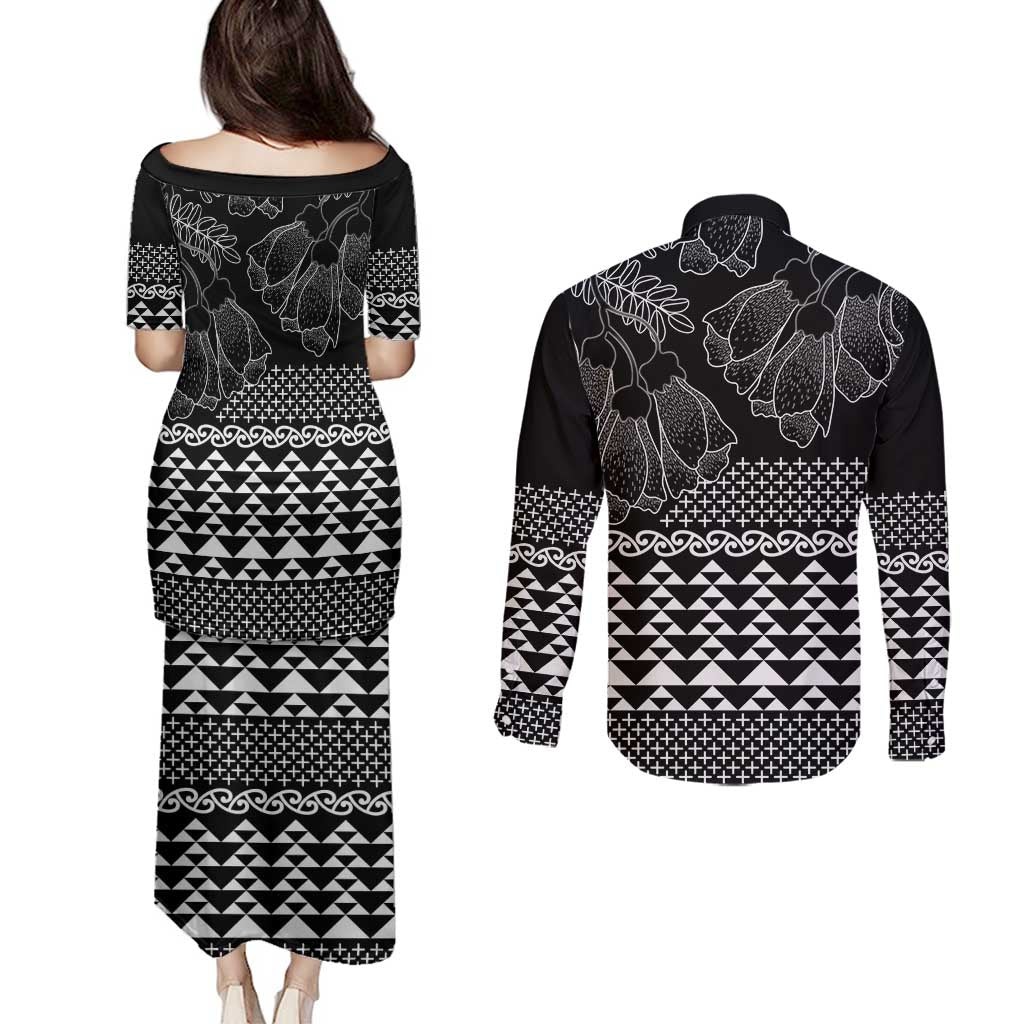 Black Taniko Kowhaiwhai Tukutuku Motif Couples Matching Puletasi and Long Sleeve Button Shirt LT9 - Polynesian Pride