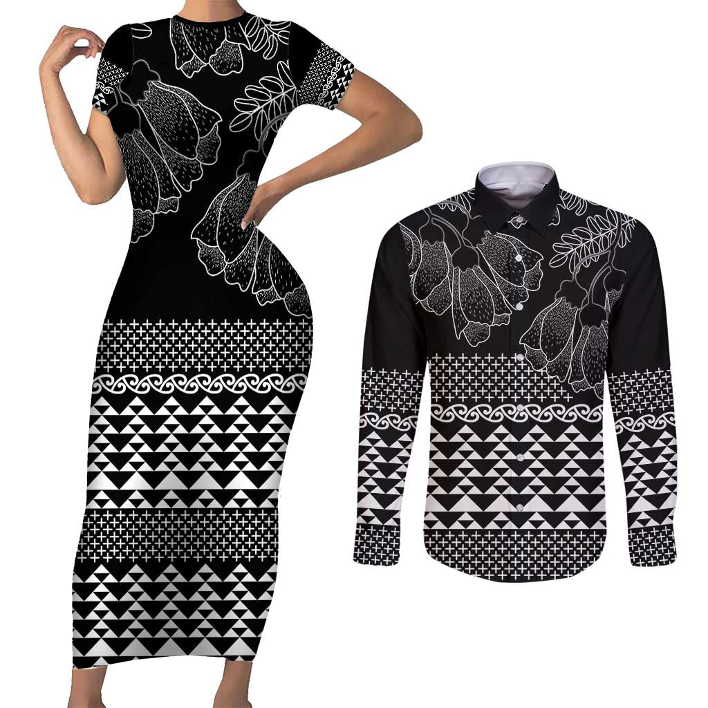Black Taniko Kowhaiwhai Tukutuku Motif Couples Matching Short Sleeve Bodycon Dress and Long Sleeve Button Shirt LT9 Black - Polynesian Pride