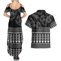 Black Taniko Kowhaiwhai Tukutuku Motif Couples Matching Summer Maxi Dress and Hawaiian Shirt LT9 - Polynesian Pride