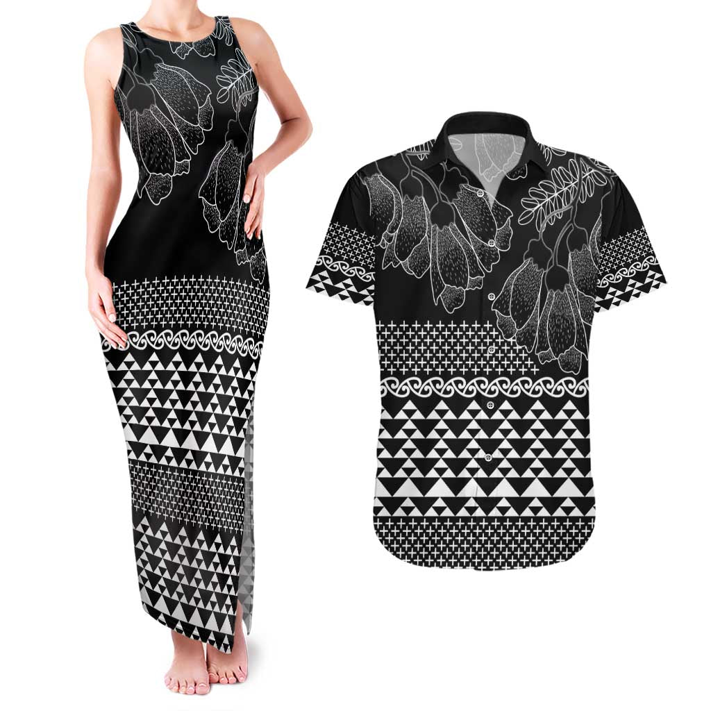 Black Taniko Kowhaiwhai Tukutuku Motif Couples Matching Tank Maxi Dress and Hawaiian Shirt LT9 Black - Polynesian Pride