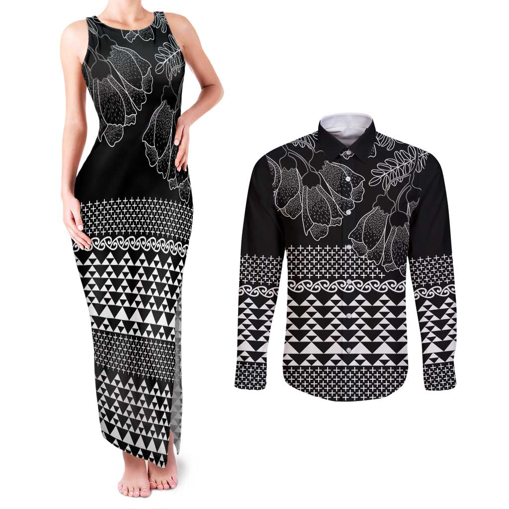Black Taniko Kowhaiwhai Tukutuku Motif Couples Matching Tank Maxi Dress and Long Sleeve Button Shirt LT9 Black - Polynesian Pride