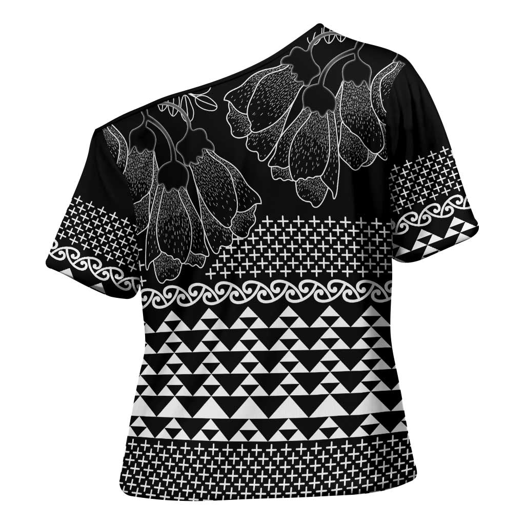 Black Taniko Kowhaiwhai Tukutuku Motif Cross Shoulder Shirt LT9 - Polynesian Pride