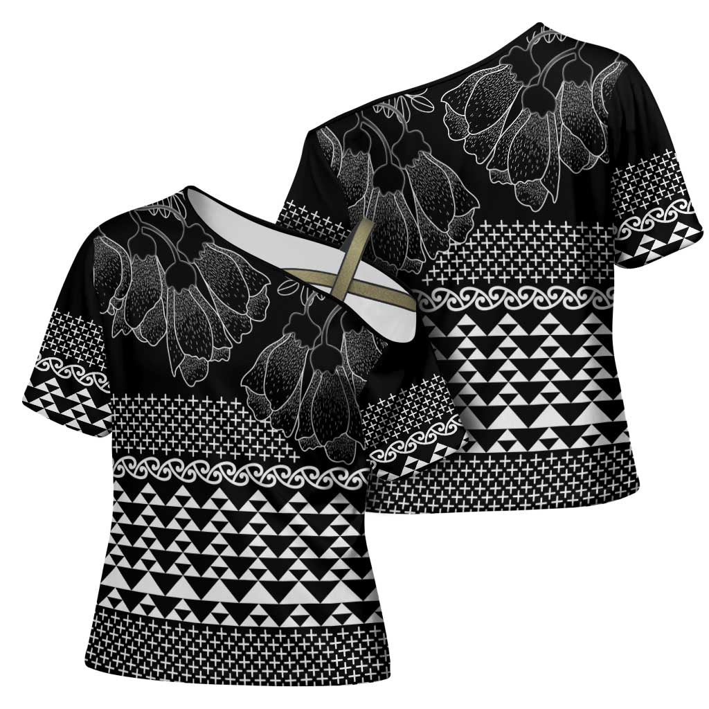 Black Taniko Kowhaiwhai Tukutuku Motif Cross Shoulder Shirt LT9 - Polynesian Pride