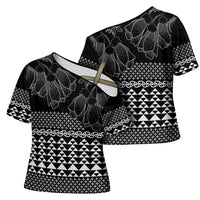 Black Taniko Kowhaiwhai Tukutuku Motif Cross Shoulder Shirt LT9 - Polynesian Pride