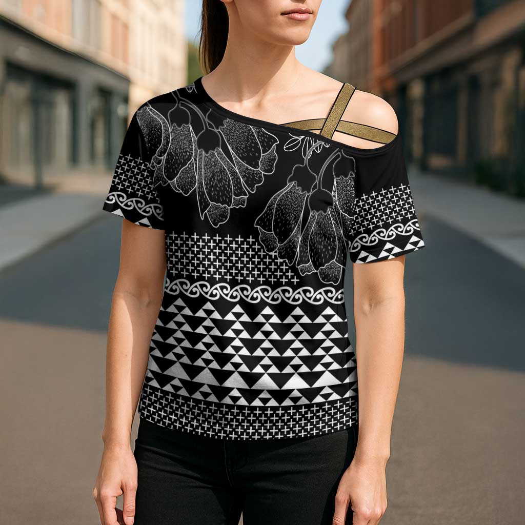 Black Taniko Kowhaiwhai Tukutuku Motif Cross Shoulder Shirt LT9 - Polynesian Pride