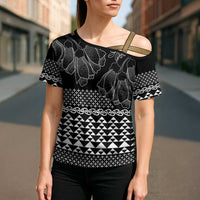 Black Taniko Kowhaiwhai Tukutuku Motif Cross Shoulder Shirt LT9 - Polynesian Pride