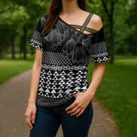 Black Taniko Kowhaiwhai Tukutuku Motif Cross Shoulder Shirt LT9 - Polynesian Pride
