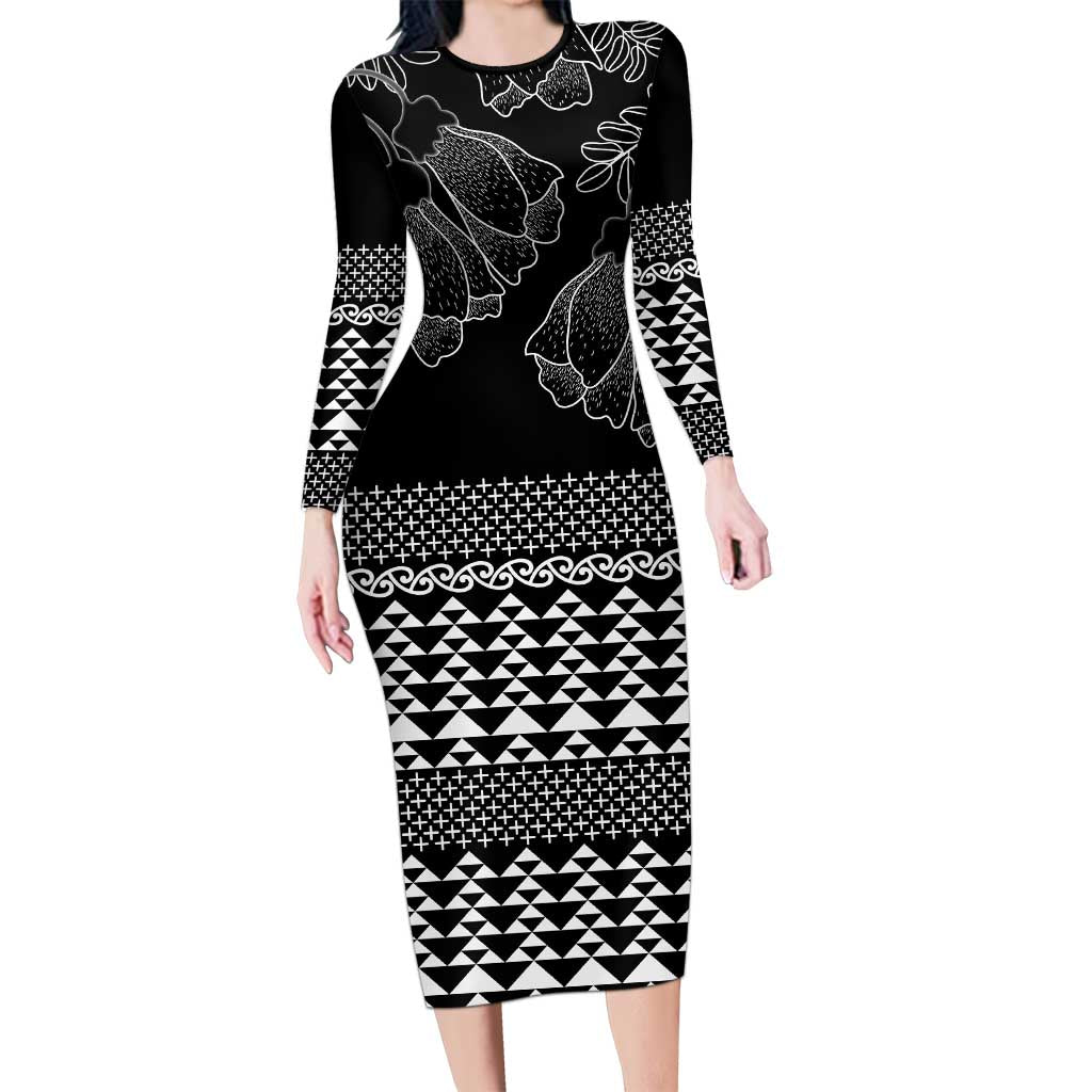 Black Taniko Kowhaiwhai Tukutuku Motif Family Matching Long Sleeve Bodycon Dress and Hawaiian Shirt LT9 Mom's Dress Black - Polynesian Pride