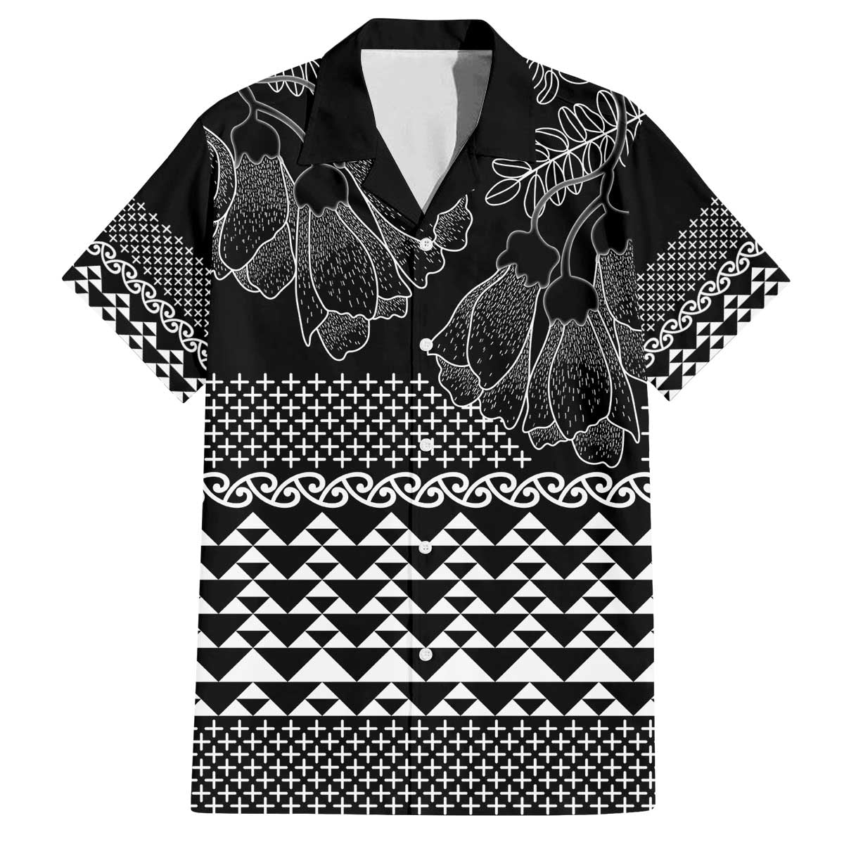 Black Taniko Kowhaiwhai Tukutuku Motif Family Matching Off The Shoulder Long Sleeve Dress and Hawaiian Shirt LT9 Dad's Shirt - Short Sleeve Black - Polynesian Pride