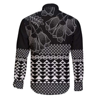 Black Taniko Kowhaiwhai Tukutuku Motif Family Matching Off The Shoulder Long Sleeve Dress and Hawaiian Shirt LT9 - Polynesian Pride