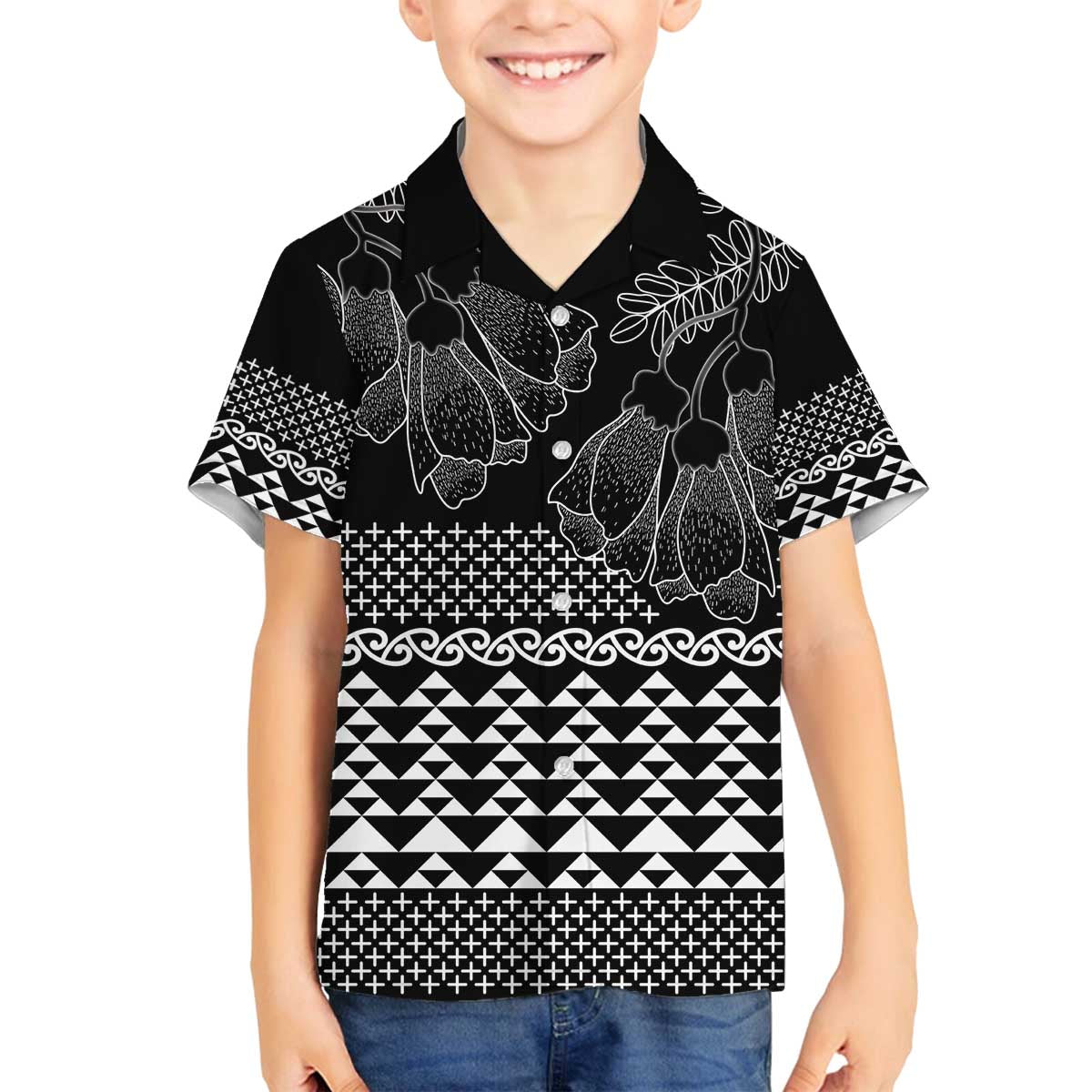 Black Taniko Kowhaiwhai Tukutuku Motif Family Matching Off The Shoulder Long Sleeve Dress and Hawaiian Shirt LT9 Son's Shirt Black - Polynesian Pride