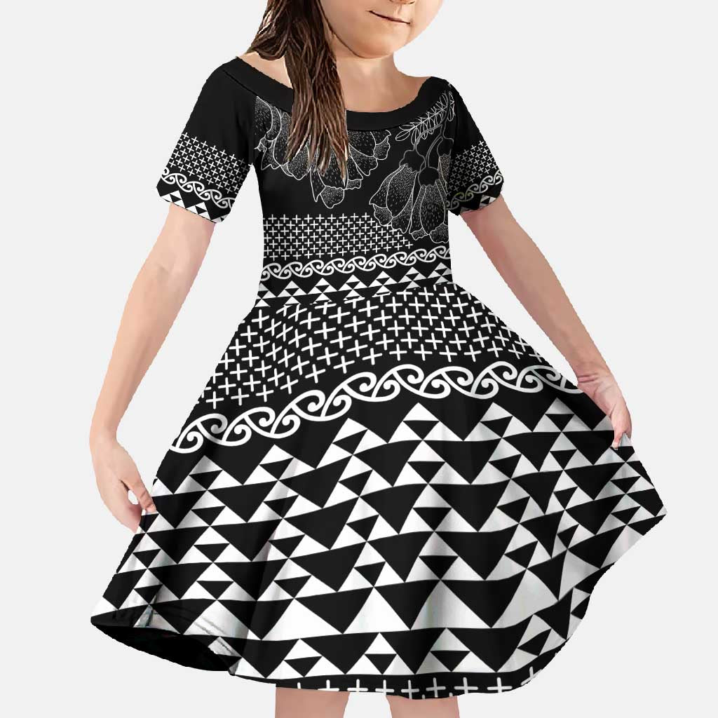 Black Taniko Kowhaiwhai Tukutuku Motif Family Matching Off Shoulder Maxi Dress and Hawaiian Shirt LT9 Daughter's Dress Black - Polynesian Pride