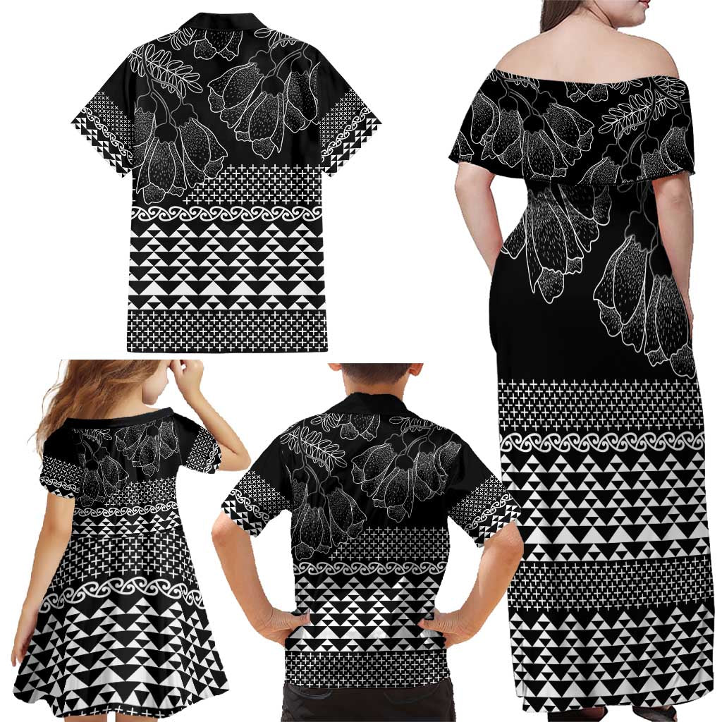 Black Taniko Kowhaiwhai Tukutuku Motif Family Matching Off Shoulder Maxi Dress and Hawaiian Shirt LT9 - Polynesian Pride