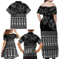 Black Taniko Kowhaiwhai Tukutuku Motif Family Matching Off Shoulder Maxi Dress and Hawaiian Shirt LT9 - Polynesian Pride