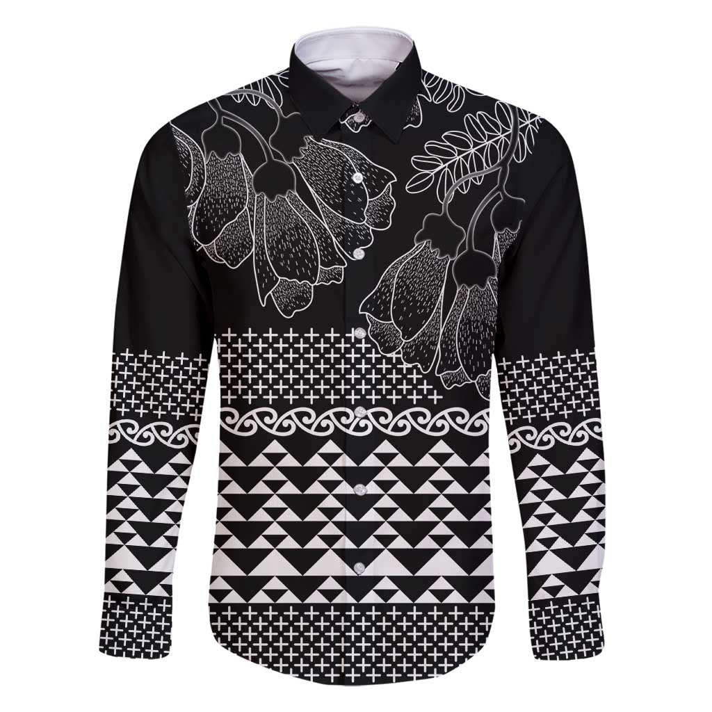 Black Taniko Kowhaiwhai Tukutuku Motif Family Matching Off Shoulder Maxi Dress and Hawaiian Shirt LT9 Dad's Shirt - Long Sleeve Black - Polynesian Pride