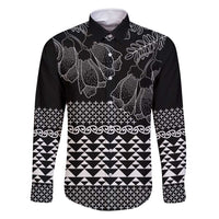Black Taniko Kowhaiwhai Tukutuku Motif Family Matching Off Shoulder Maxi Dress and Hawaiian Shirt LT9 Dad's Shirt - Long Sleeve Black - Polynesian Pride