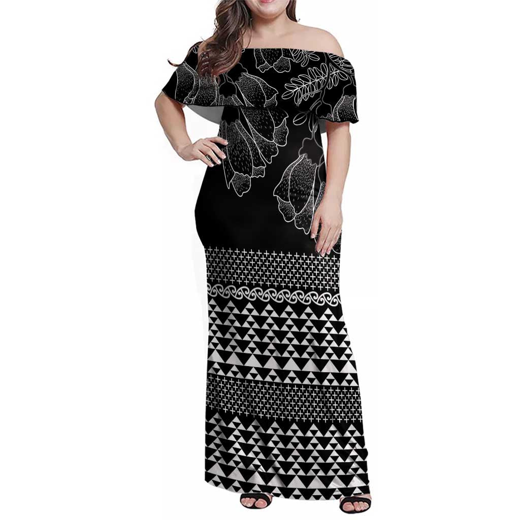 Black Taniko Kowhaiwhai Tukutuku Motif Family Matching Off Shoulder Maxi Dress and Hawaiian Shirt LT9 Mom's Dress Black - Polynesian Pride