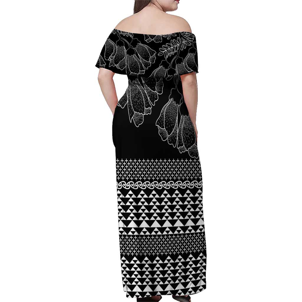 Black Taniko Kowhaiwhai Tukutuku Motif Family Matching Off Shoulder Maxi Dress and Hawaiian Shirt LT9 - Polynesian Pride