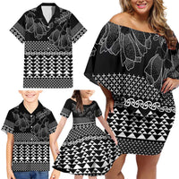 Black Taniko Kowhaiwhai Tukutuku Motif Family Matching Off Shoulder Short Dress and Hawaiian Shirt LT9 - Polynesian Pride