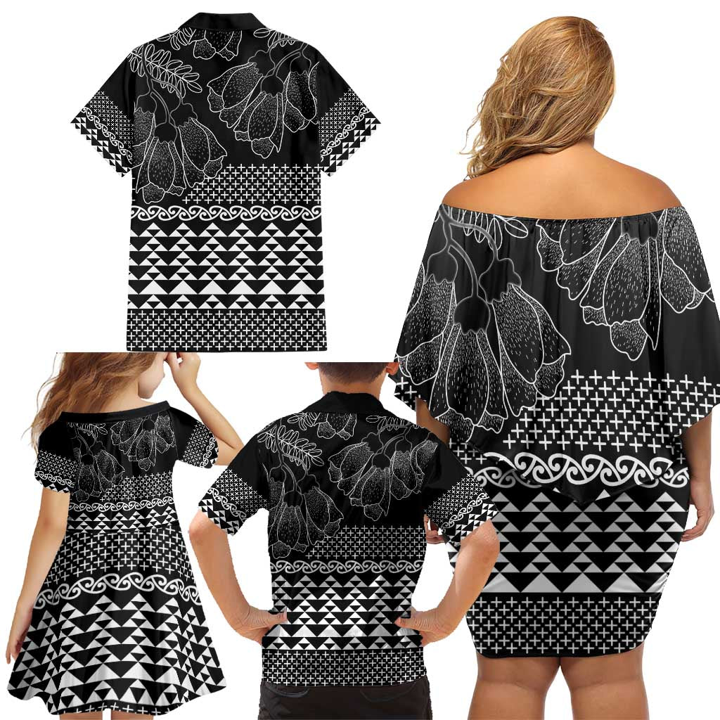 Black Taniko Kowhaiwhai Tukutuku Motif Family Matching Off Shoulder Short Dress and Hawaiian Shirt LT9 - Polynesian Pride