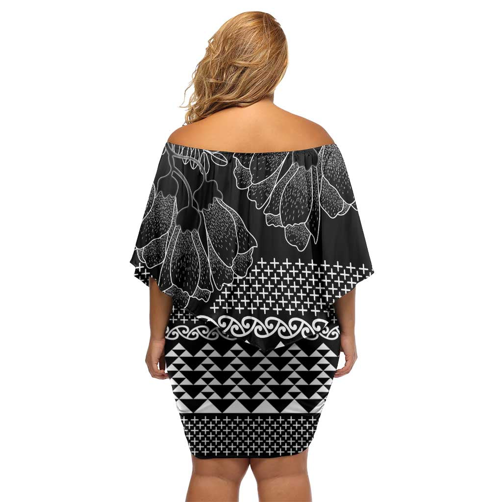 Black Taniko Kowhaiwhai Tukutuku Motif Family Matching Off Shoulder Short Dress and Hawaiian Shirt LT9 - Polynesian Pride