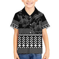 Black Taniko Kowhaiwhai Tukutuku Motif Family Matching Off Shoulder Short Dress and Hawaiian Shirt LT9 Son's Shirt Black - Polynesian Pride