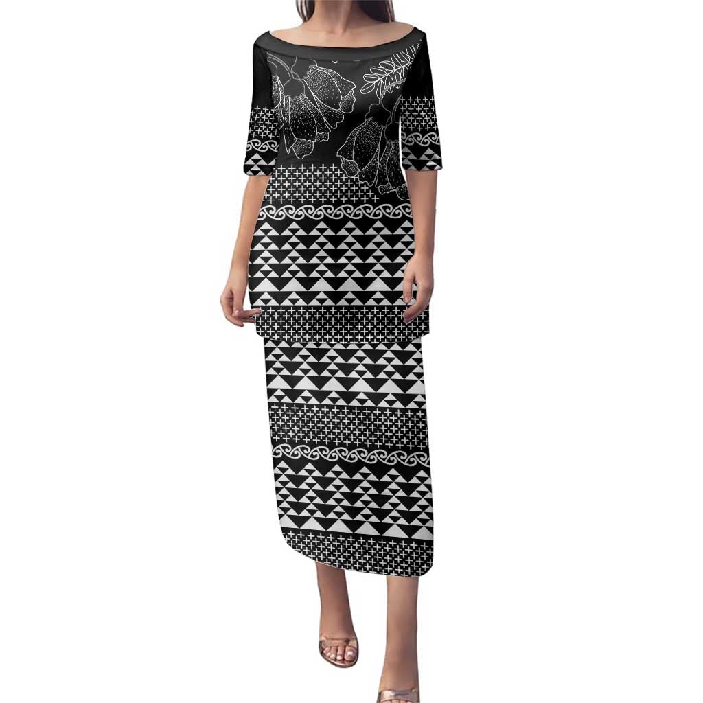 Black Taniko Kowhaiwhai Tukutuku Motif Family Matching Puletasi and Hawaiian Shirt LT9 Mom's Dress Black - Polynesian Pride