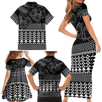 Black Taniko Kowhaiwhai Tukutuku Motif Family Matching Short Sleeve Bodycon Dress and Hawaiian Shirt LT9 - Polynesian Pride