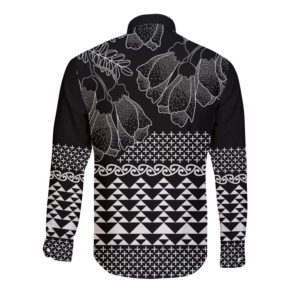 Black Taniko Kowhaiwhai Tukutuku Motif Long Sleeve Button Shirt