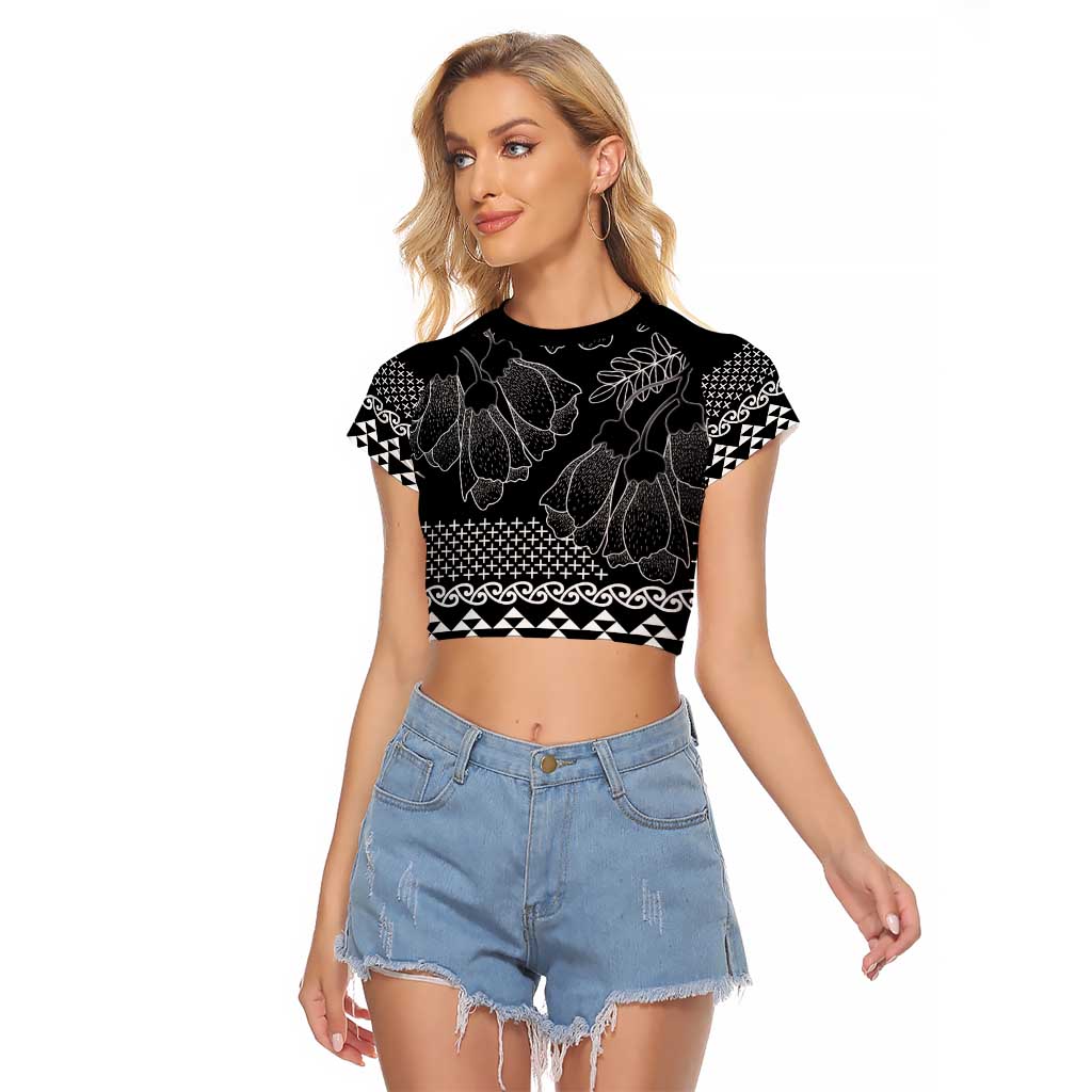 Black Taniko Kowhaiwhai Tukutuku Motif Raglan Cropped T Shirt LT9 Female Black - Polynesian Pride