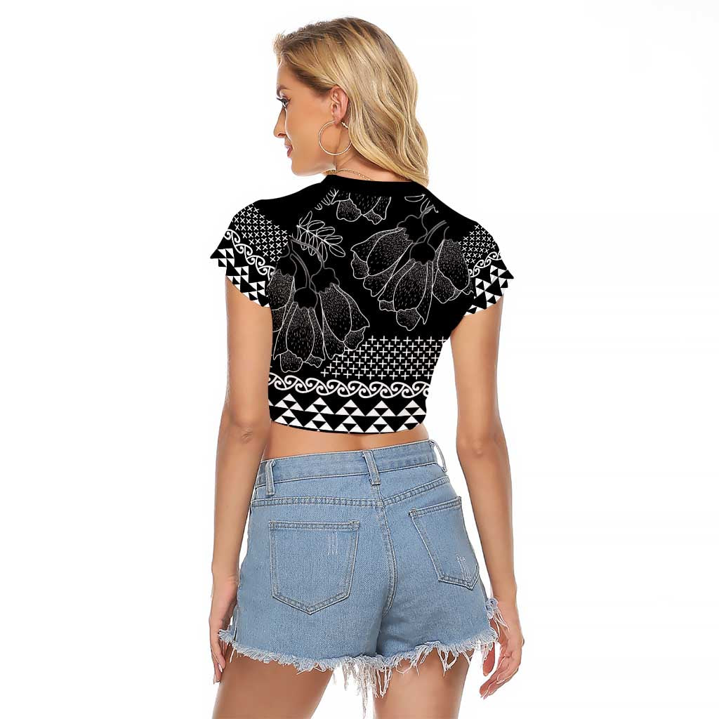 Black Taniko Kowhaiwhai Tukutuku Motif Raglan Cropped T Shirt LT9 - Polynesian Pride