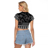 Black Taniko Kowhaiwhai Tukutuku Motif Raglan Cropped T Shirt LT9 - Polynesian Pride