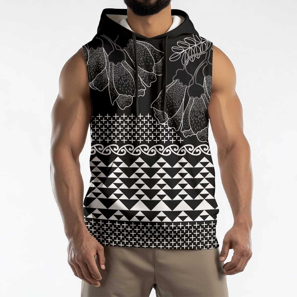 Black Taniko Kowhaiwhai Tukutuku Motif Sleeveless Hoodie - Polynesian Pride