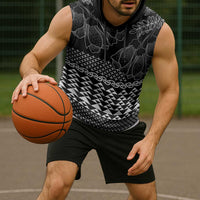 Black Taniko Kowhaiwhai Tukutuku Motif Sleeveless Hoodie - Polynesian Pride