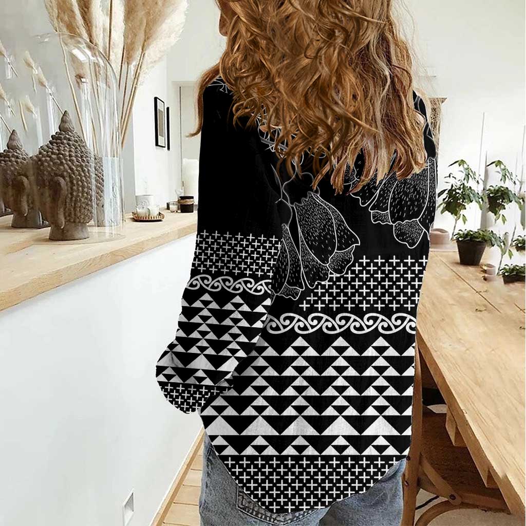 Black Taniko Kowhaiwhai Tukutuku Motif Women Casual Shirt LT9 - Polynesian Pride