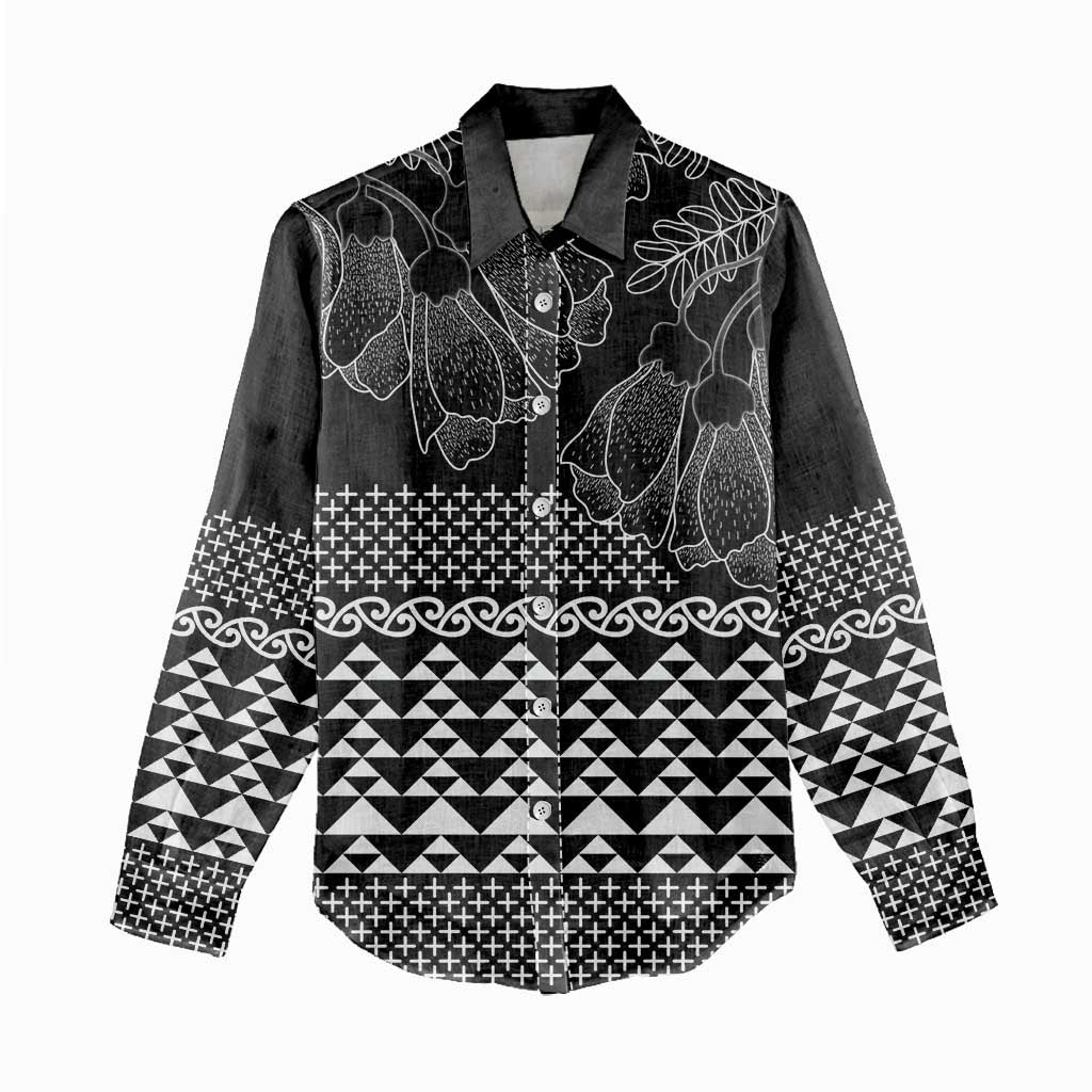 Black Taniko Kowhaiwhai Tukutuku Motif Women Casual Shirt LT9 - Polynesian Pride