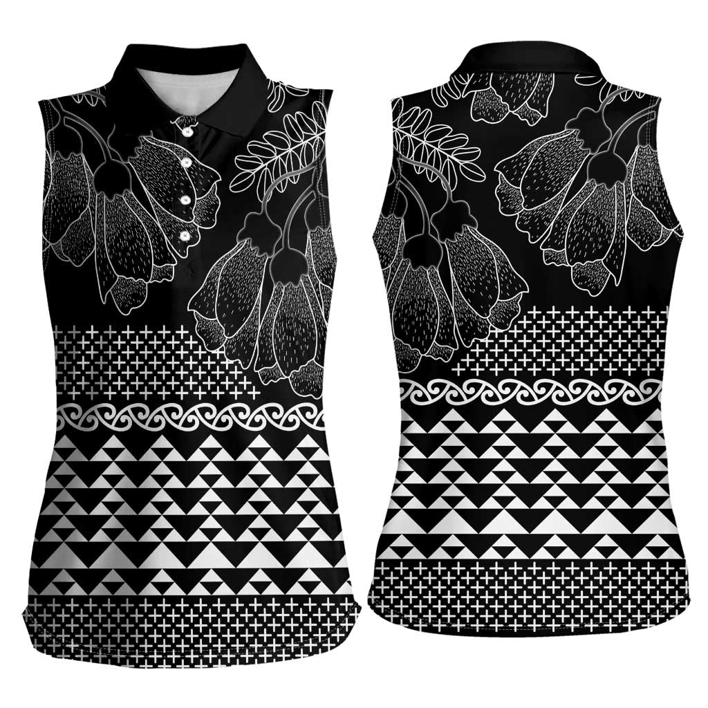 Black Taniko Kowhaiwhai Tukutuku Motif Women Sleeveless Polo Shirt LT9 - Polynesian Pride