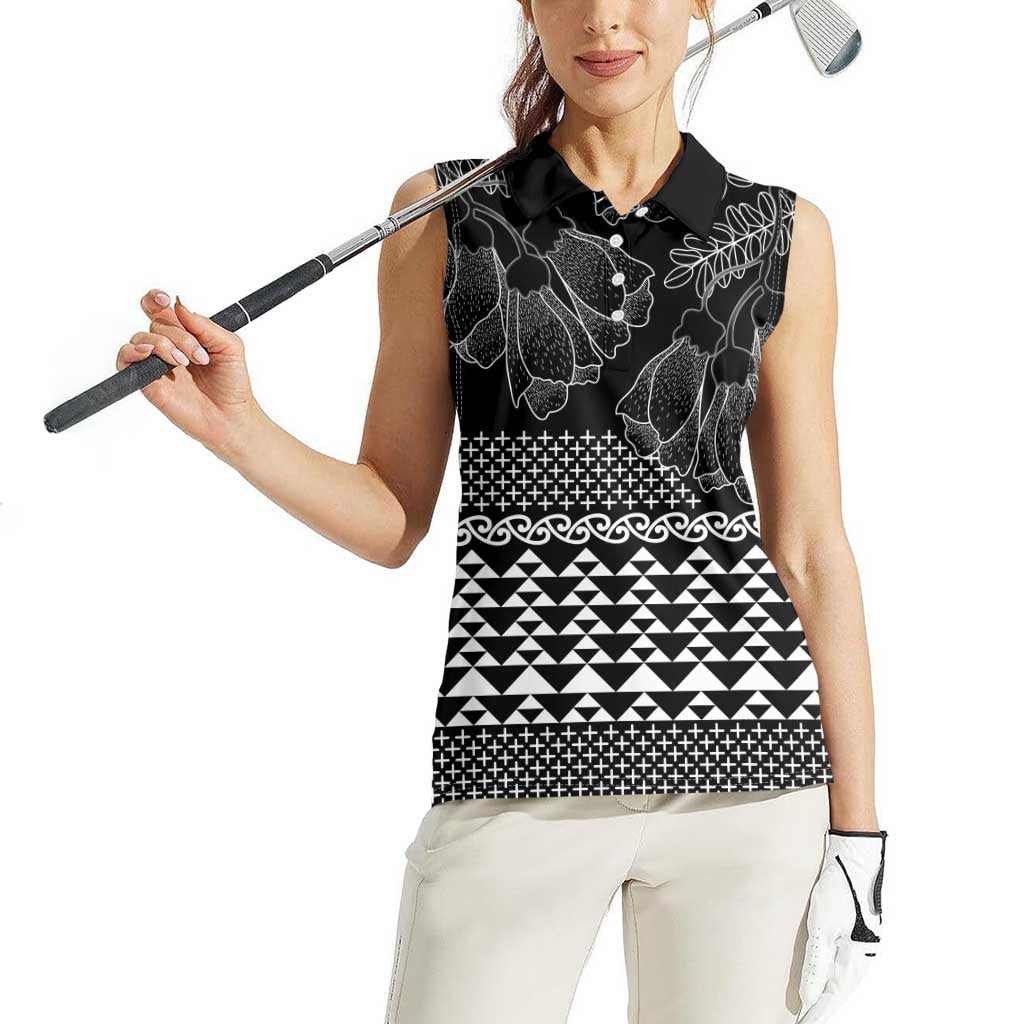 Black Taniko Kowhaiwhai Tukutuku Motif Women Sleeveless Polo Shirt LT9 - Polynesian Pride