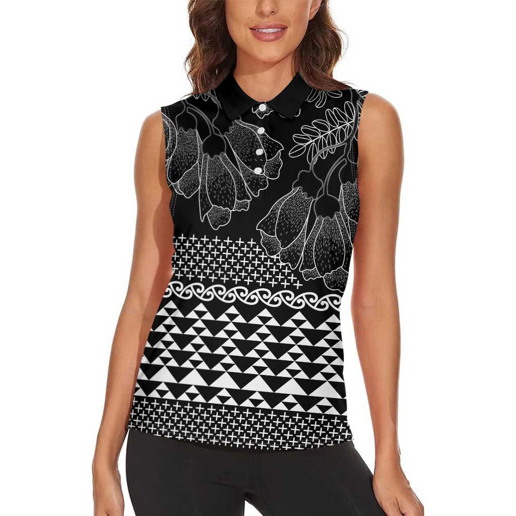 Black Taniko Kowhaiwhai Tukutuku Motif Women Sleeveless Polo Shirt LT9 - Polynesian Pride