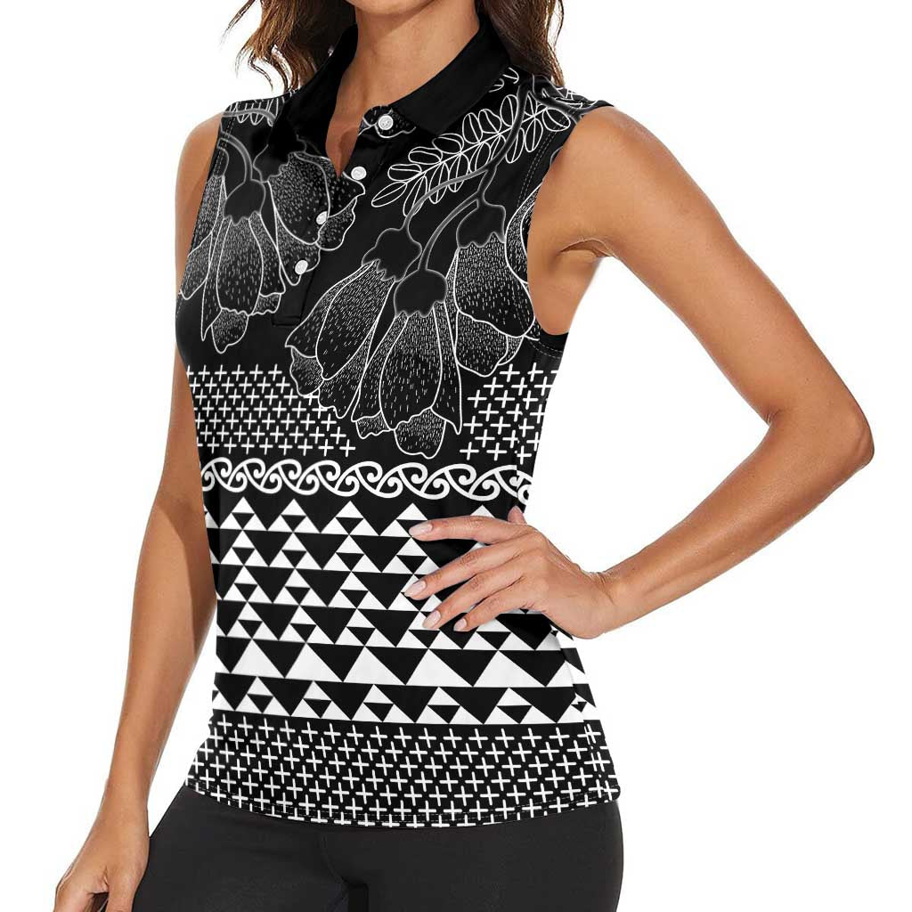 Black Taniko Kowhaiwhai Tukutuku Motif Women Sleeveless Polo Shirt LT9 - Polynesian Pride