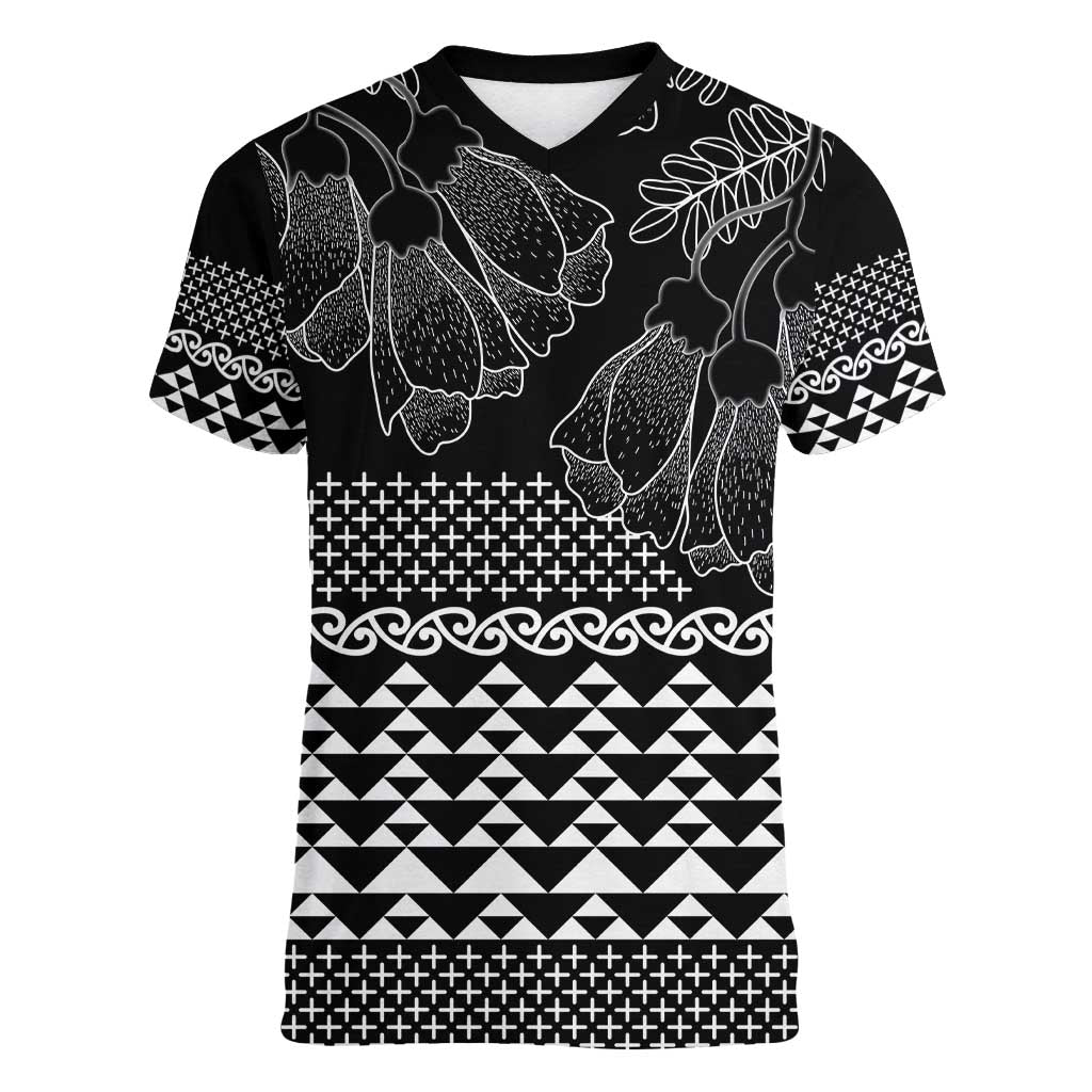 Black Taniko Kowhaiwhai Tukutuku Motif Women V-Neck T-Shirt LT9 Female Black - Polynesian Pride