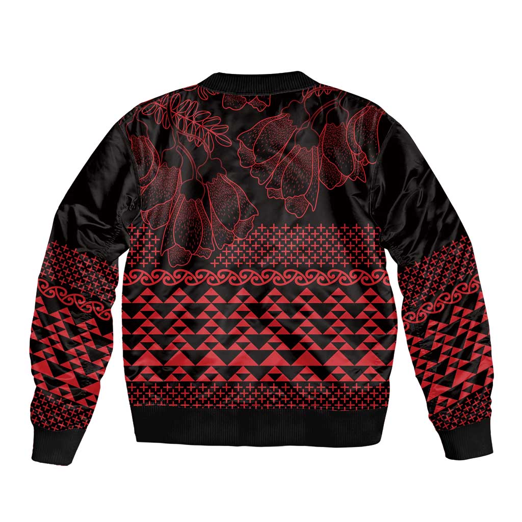 Red Taniko Kowhaiwhai Tukutuku Motif Bomber Jacket