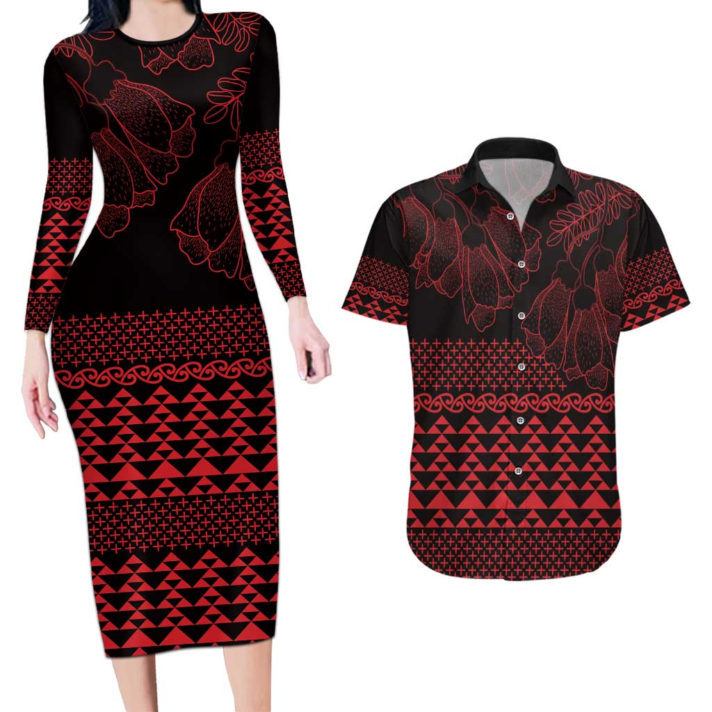 Red Taniko Kowhaiwhai Tukutuku Motif Couples Matching Long Sleeve Bodycon Dress and Hawaiian Shirt LT9 Red - Polynesian Pride