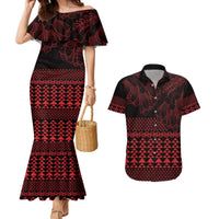 Red Taniko Kowhaiwhai Tukutuku Motif Couples Matching Mermaid Dress and Hawaiian Shirt LT9 Red - Polynesian Pride