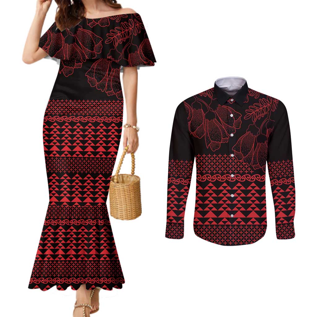 Red Taniko Kowhaiwhai Tukutuku Motif Couples Matching Mermaid Dress and Long Sleeve Button Shirt LT9 Red - Polynesian Pride