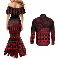 Red Taniko Kowhaiwhai Tukutuku Motif Couples Matching Mermaid Dress and Long Sleeve Button Shirt LT9 - Polynesian Pride