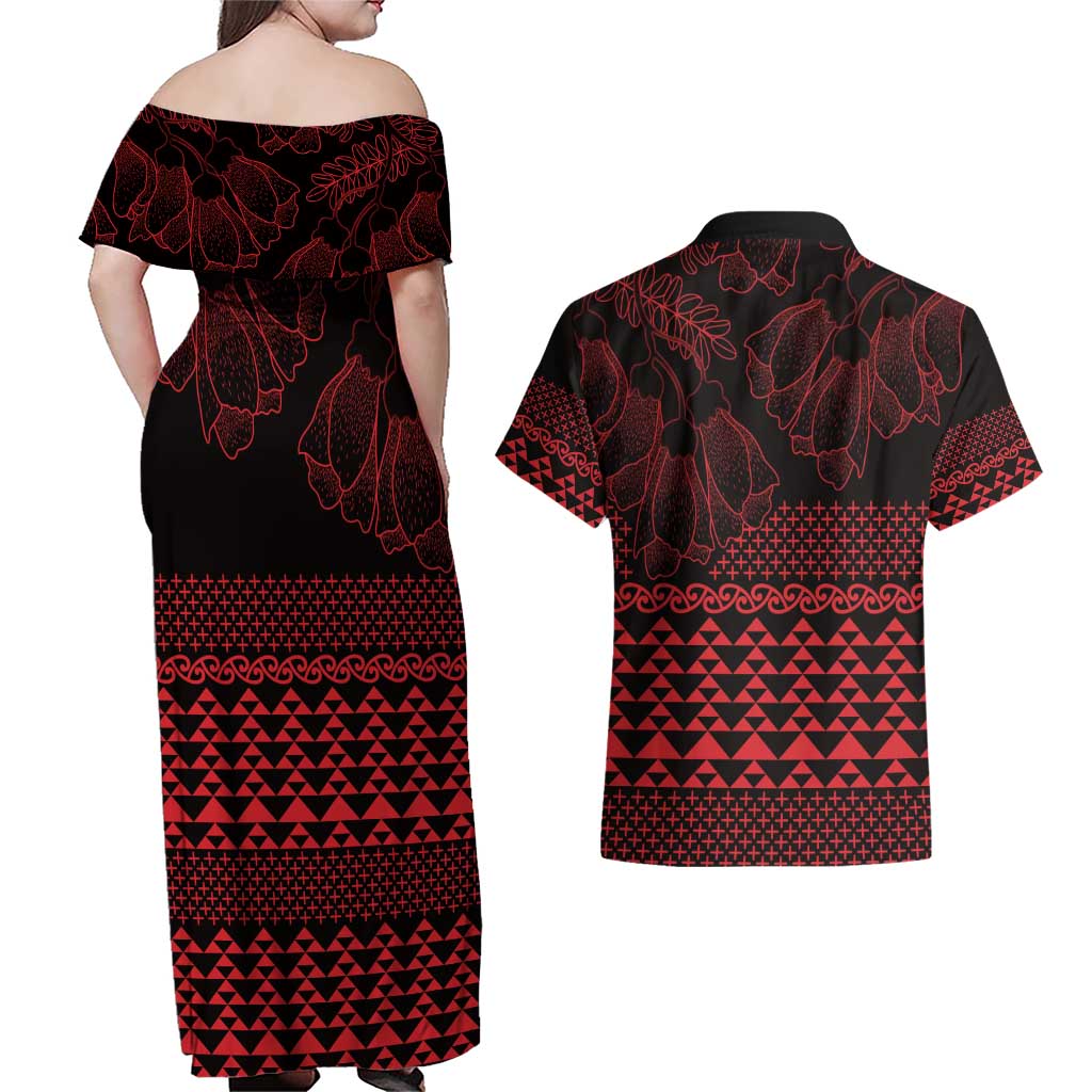 Red Taniko Kowhaiwhai Tukutuku Motif Couples Matching Off Shoulder Maxi Dress and Hawaiian Shirt LT9 - Polynesian Pride