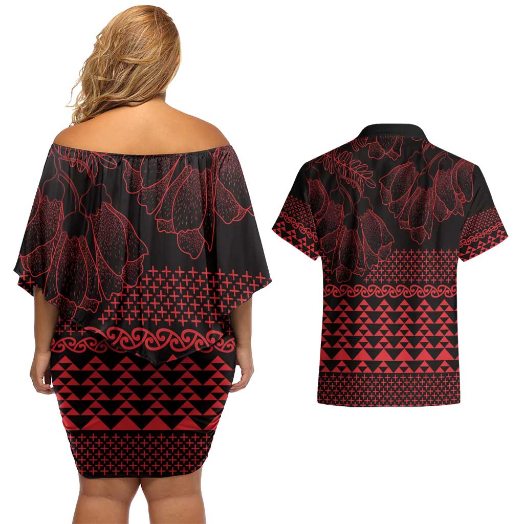 Red Taniko Kowhaiwhai Tukutuku Motif Couples Matching Off Shoulder Short Dress and Hawaiian Shirt LT9 - Polynesian Pride
