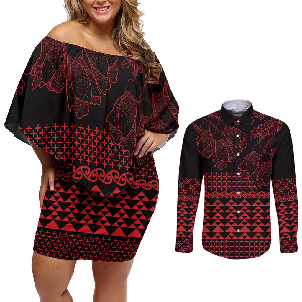 Red Taniko Kowhaiwhai Tukutuku Motif Couples Matching Off Shoulder Short Dress and Long Sleeve Button Shirt LT9 Red - Polynesian Pride