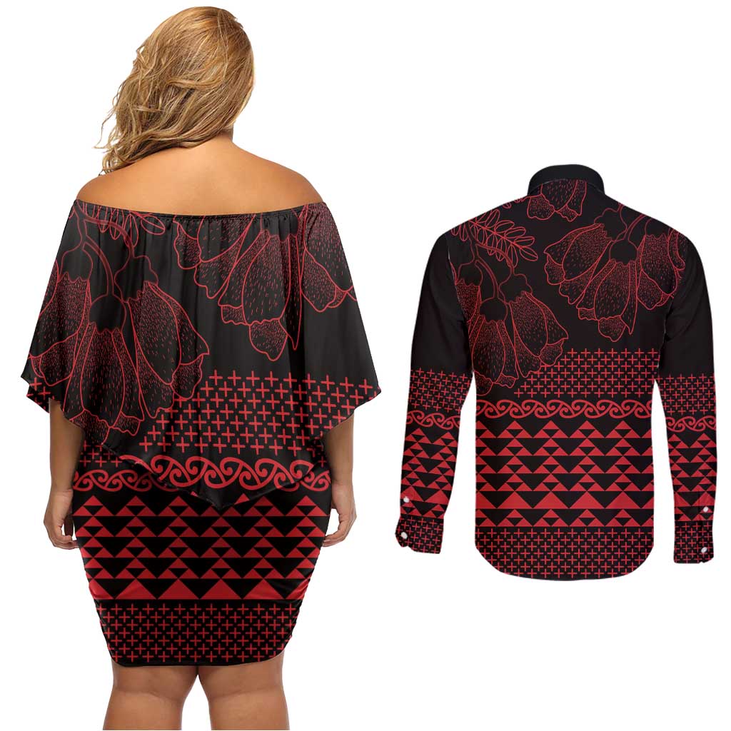 Red Taniko Kowhaiwhai Tukutuku Motif Couples Matching Off Shoulder Short Dress and Long Sleeve Button Shirt LT9 - Polynesian Pride